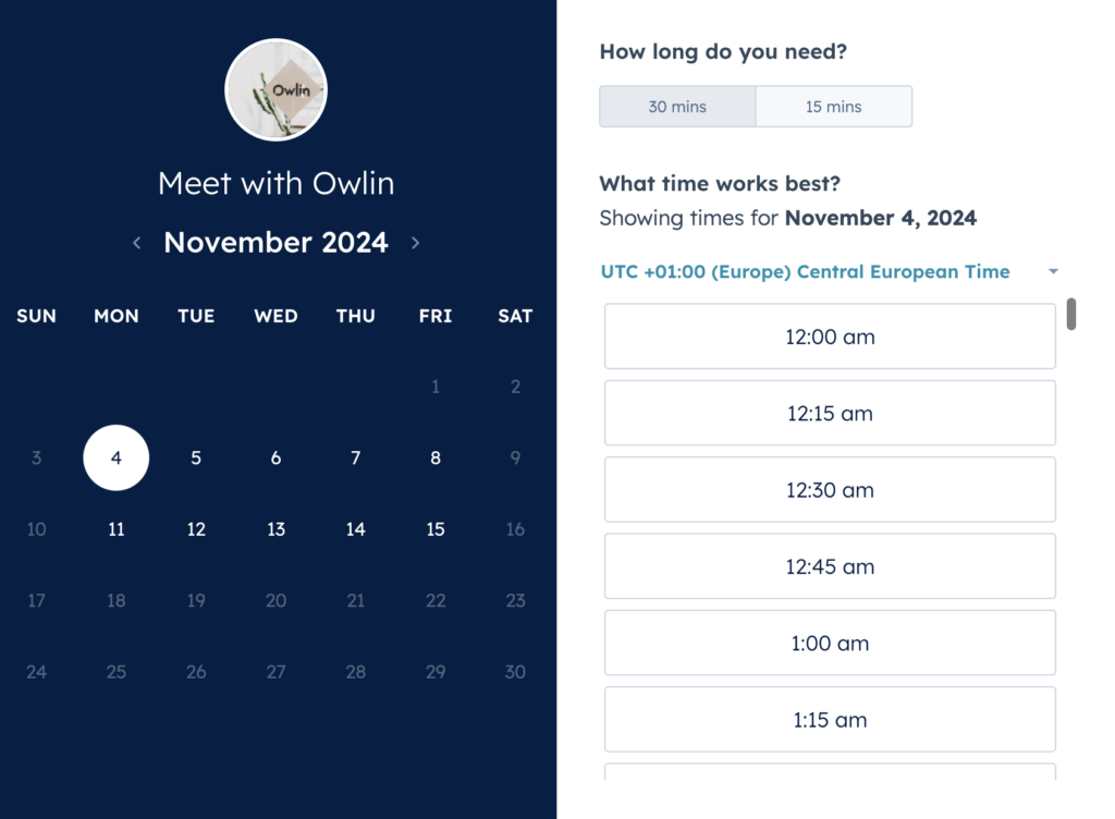 Book a meeting with Owlin November